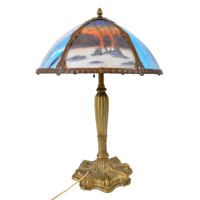 Antique American Art Nouveau Reverse Painted Landscape Table Lamp, circa 1910