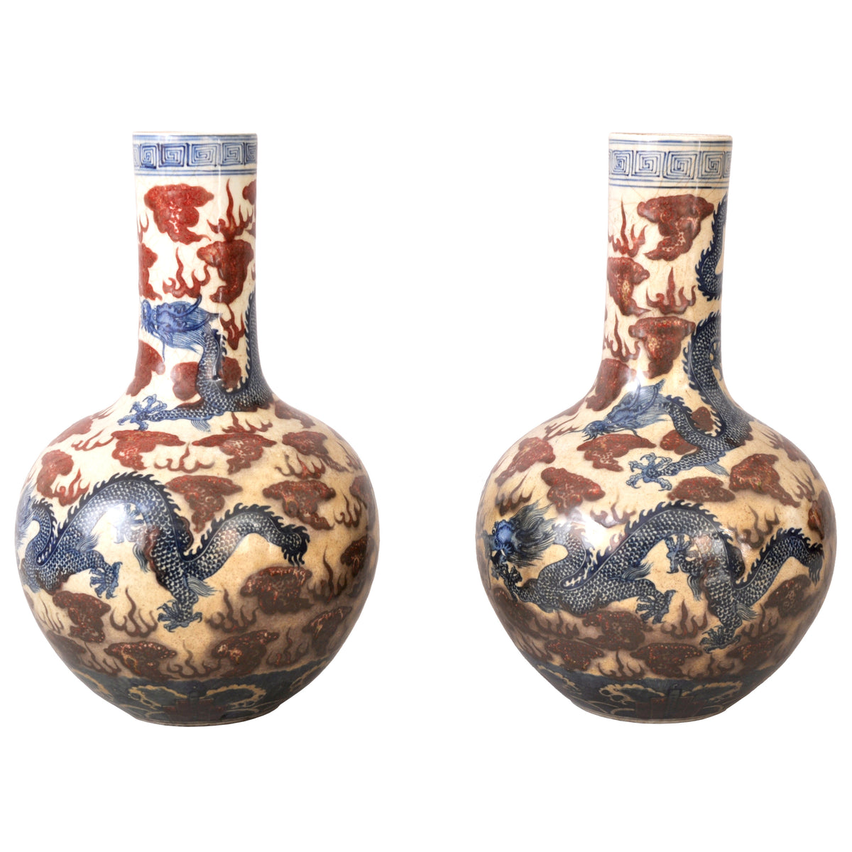 Pair of Large Antique Chinese Qing Dynasty Porcelain Blue & White Dragon Vases, circa 1880