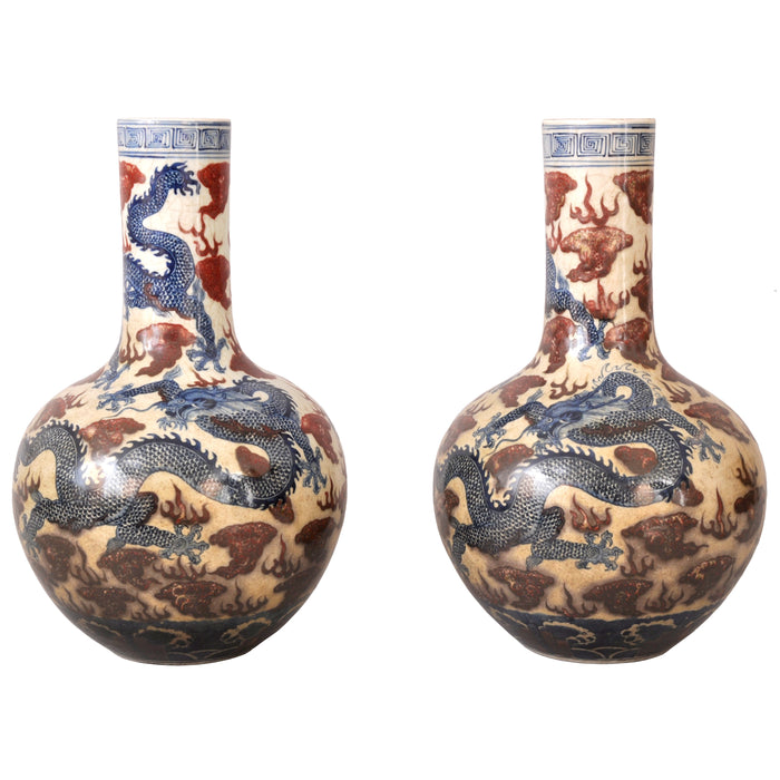 Pair of Large Antique Chinese Qing Dynasty Porcelain Blue & White Dragon Vases, circa 1880