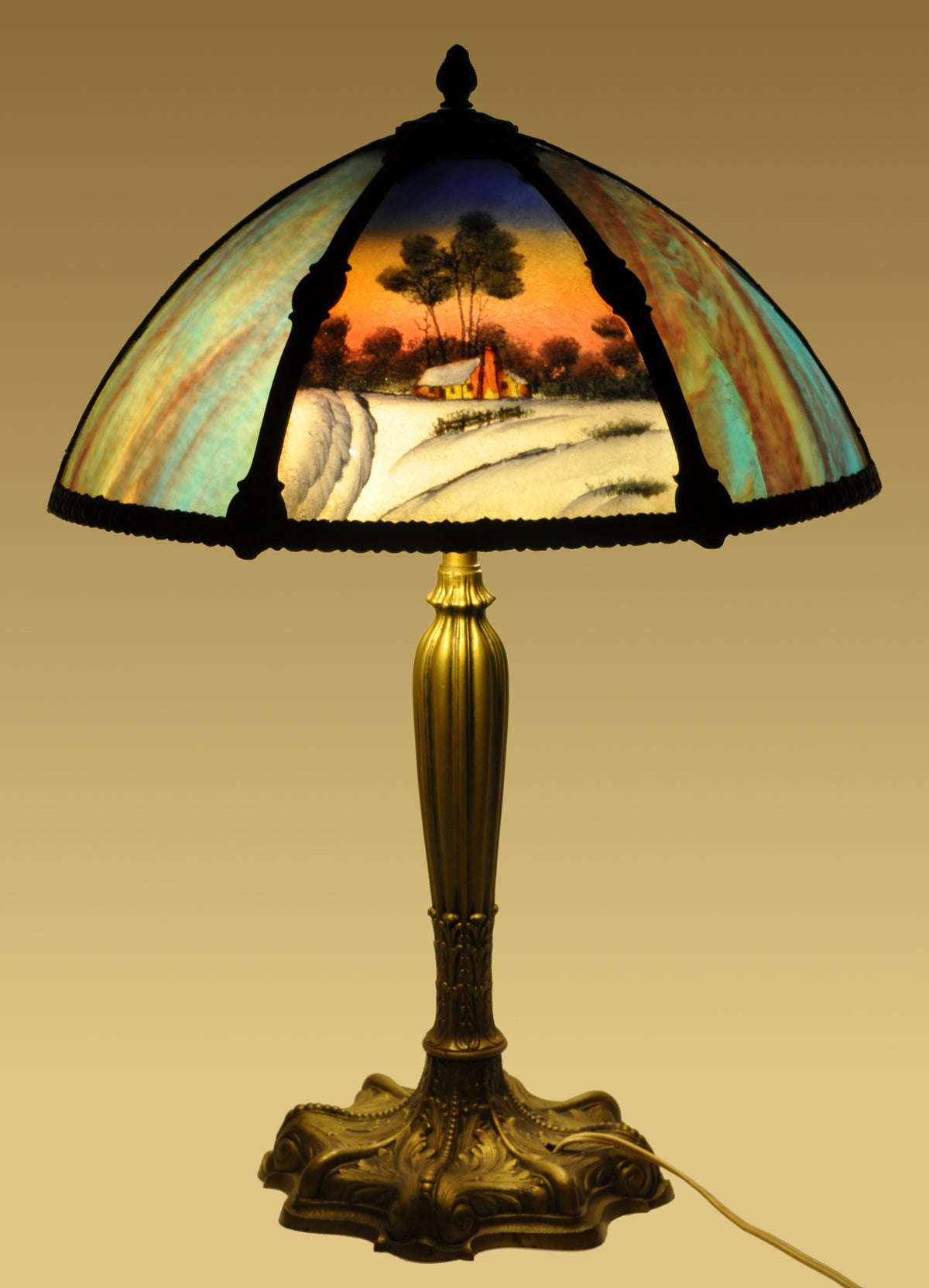 Antique American Art Nouveau Reverse Painted Landscape Table Lamp, circa 1910