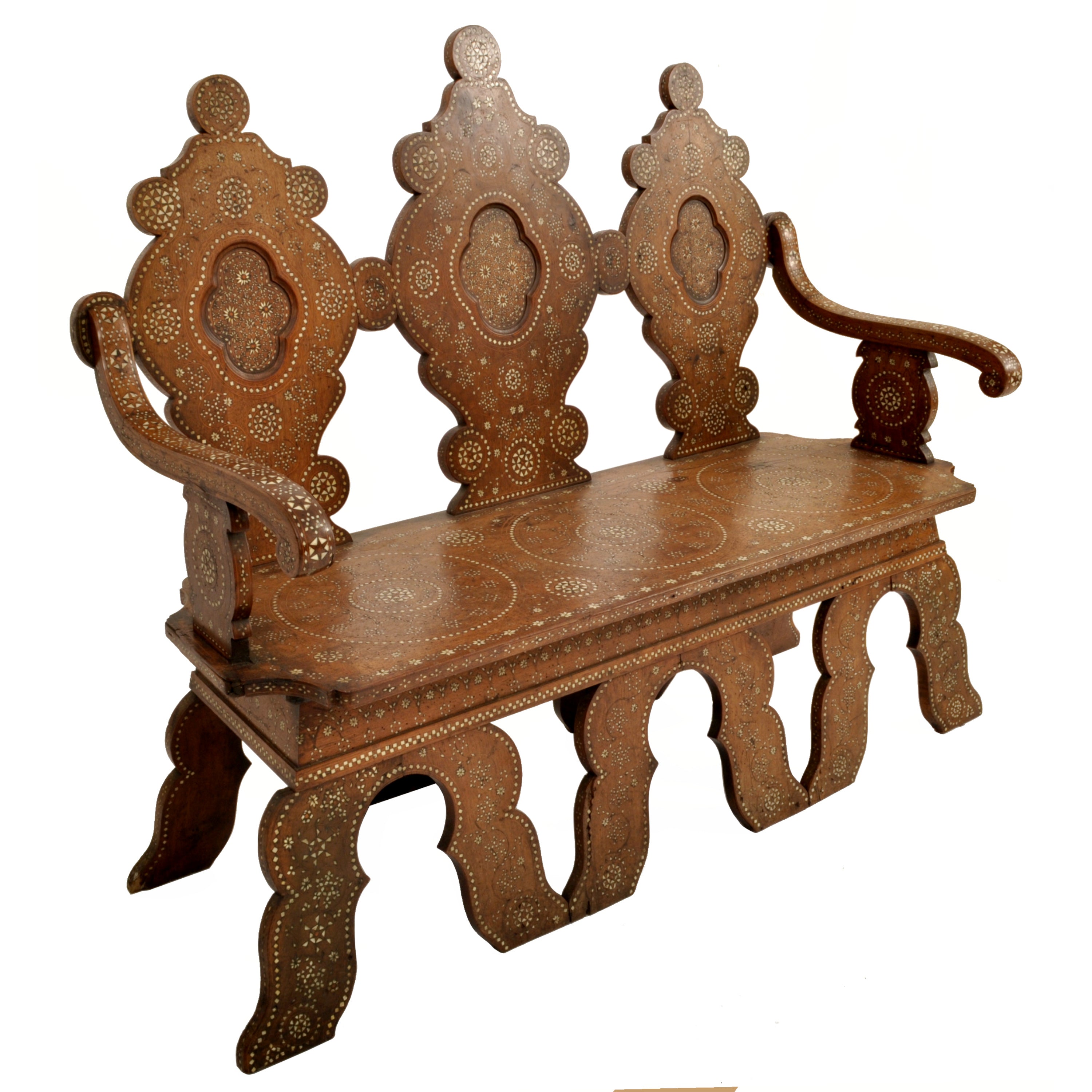 Antique Middle Eastern Syrian Islamic Moorish Inlaid Walnut Bench