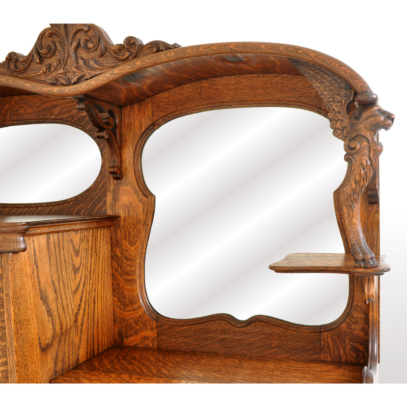 Antique American R J Horner Quarter Sawn Oak Carved Griffin Desk / China Hutch, circa 1890 