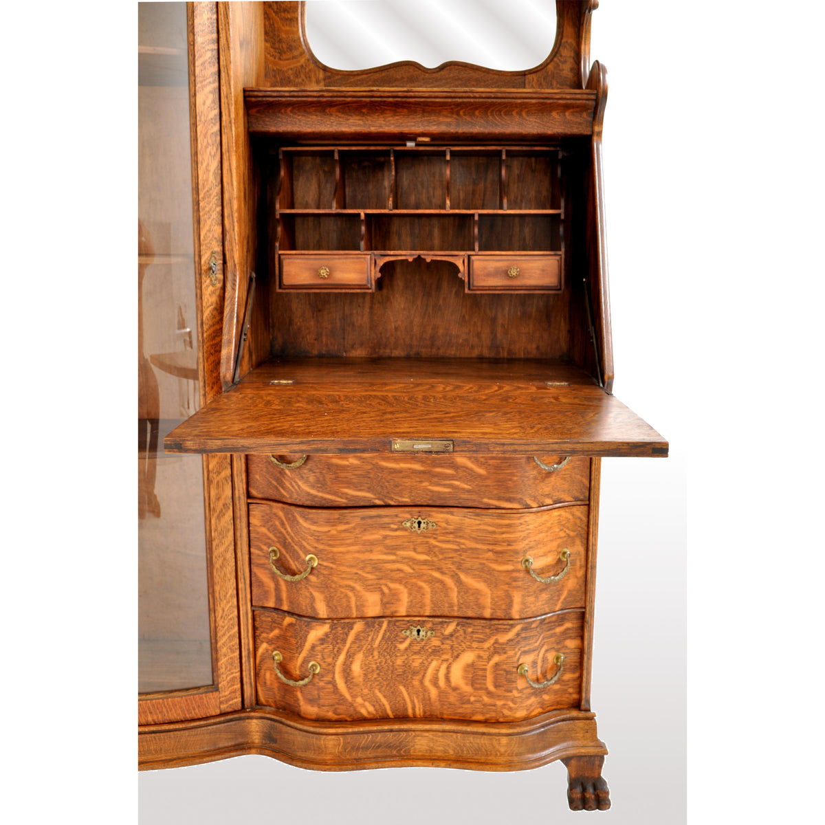 Antique American R J Horner Quarter Sawn Oak Carved Griffin Desk / China Hutch, circa 1890 
