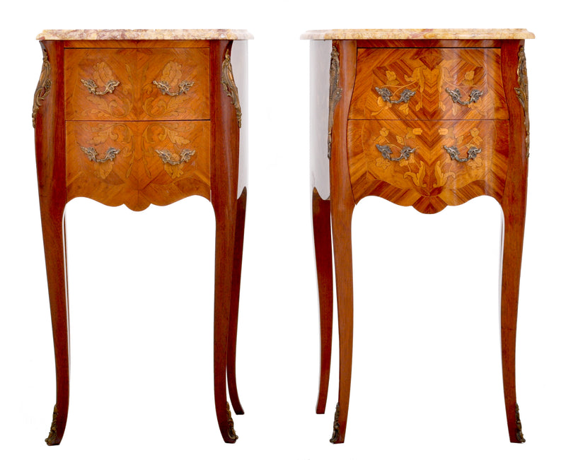 Pair of Antique French Louis XV Marble-Top and Marquetry Walnut Night Stands, Circa 1890