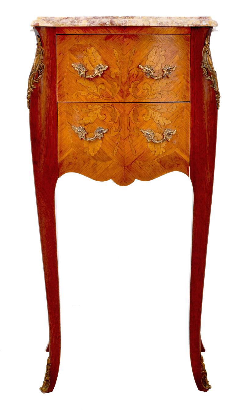 Pair of Antique French Louis XV Marble-Top and Marquetry Walnut Night Stands, Circa 1890