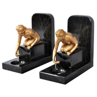 Pair of Antique Art Deco Gilded Bronze & Marble Female Nude Statue Bookends, 1920s