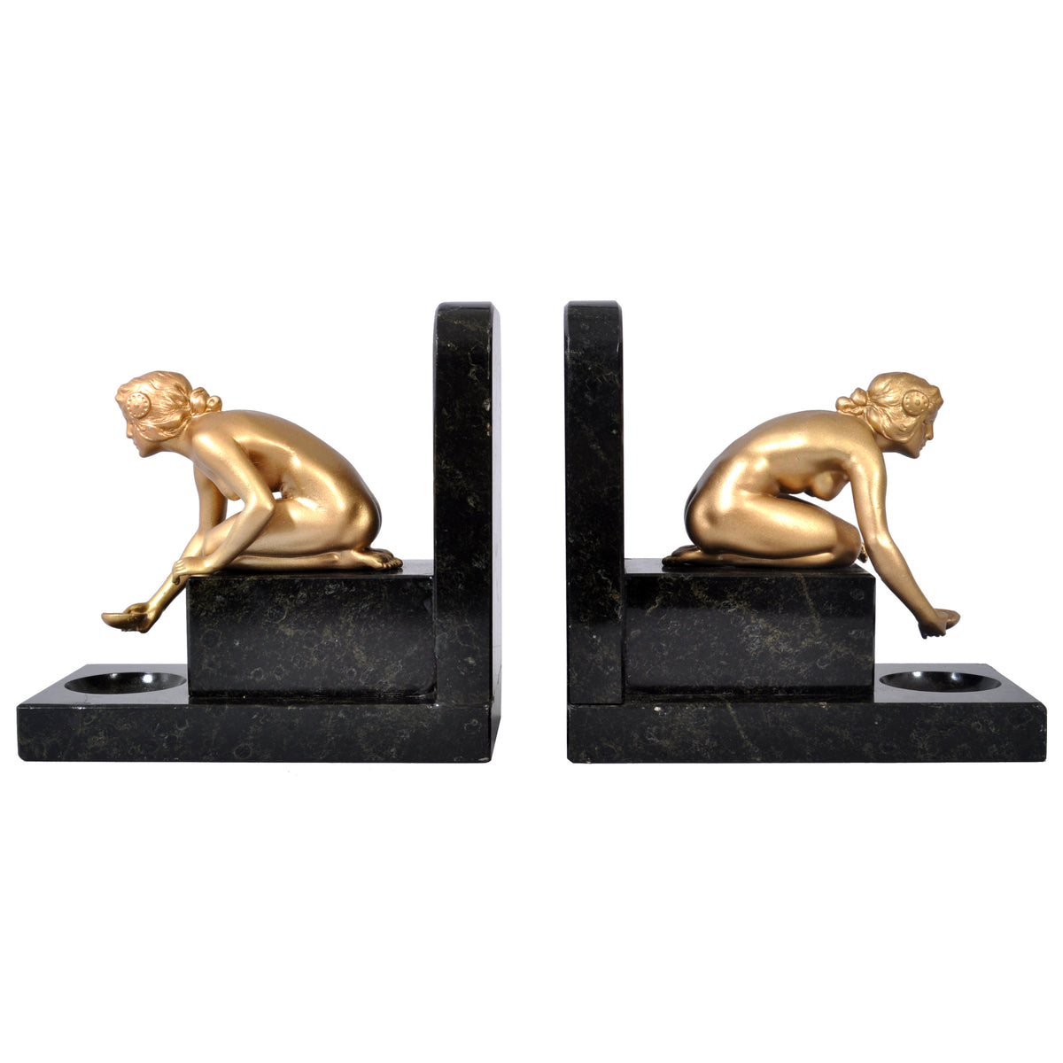 Pair of Antique Art Deco Gilded Bronze & Marble Female Nude Statue Bookends, 1920s