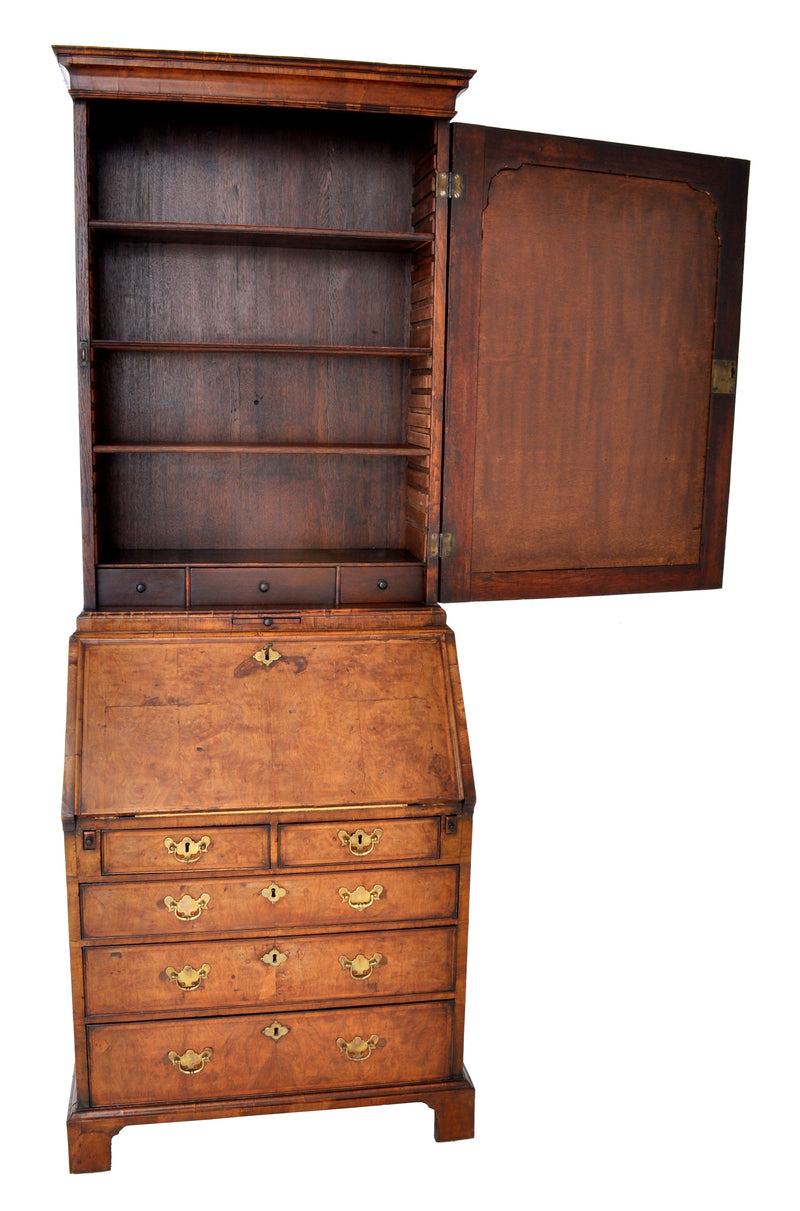 Antique Queen Anne Burl Walnut Bookcase / Bureau / Secretary Desk, Circa 1710