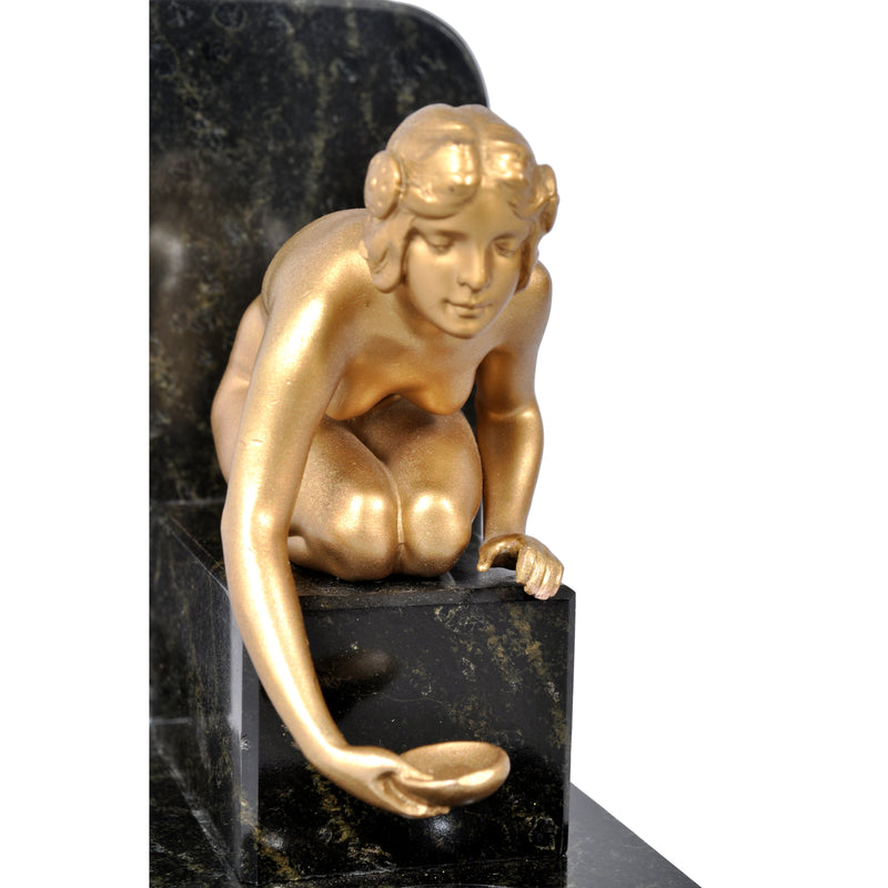 Pair of Antique Art Deco Gilded Bronze & Marble Female Nude Statue Bookends, 1920s