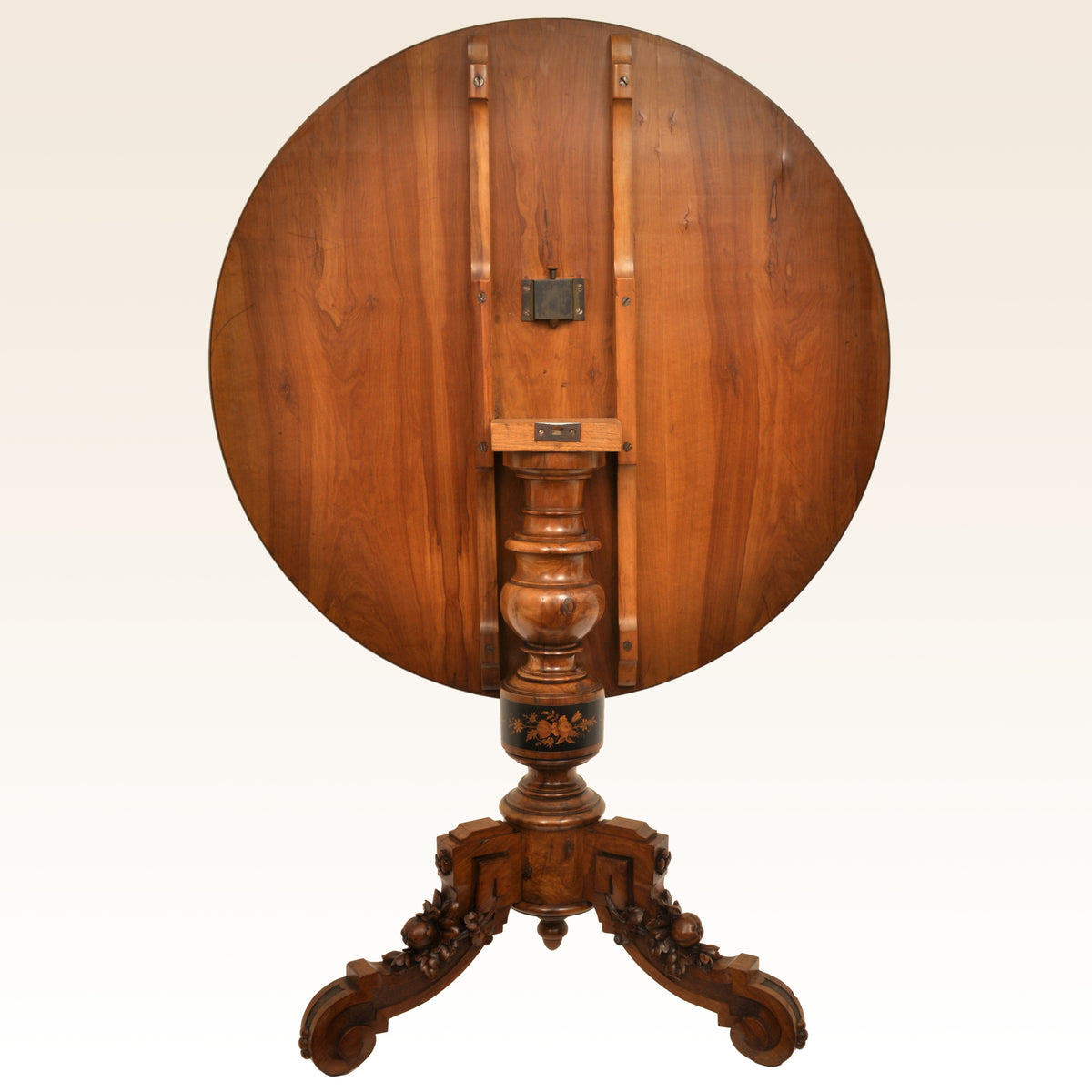 Antique Swiss Black Forest Walnut Tilt-Top Marquetry Carved Pedestal Table, circa 1880