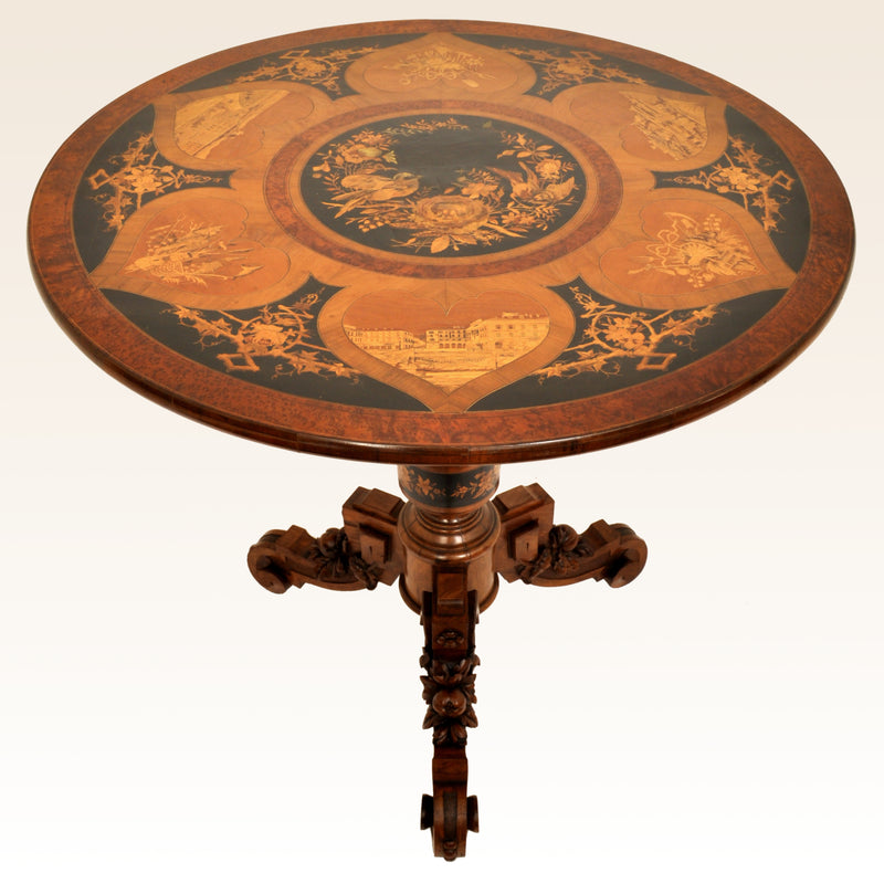 Antique Swiss Black Forest Walnut Tilt-Top Marquetry Carved Pedestal Table, circa 1880