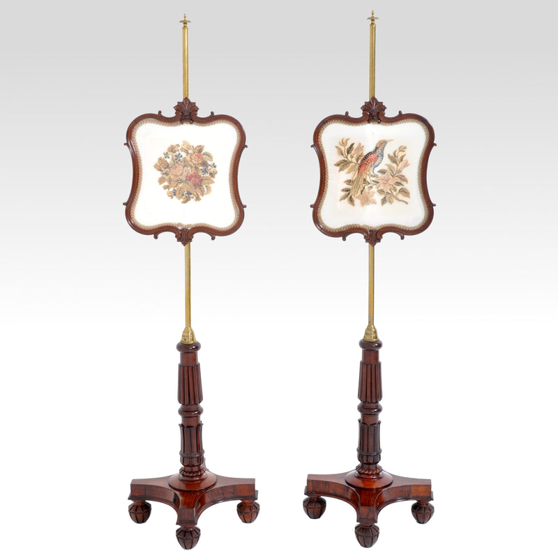 Pair of Antique 19th Century English William IV Brass and Rosewood Needlepoint Fire/Pole Screens, Circa 1830