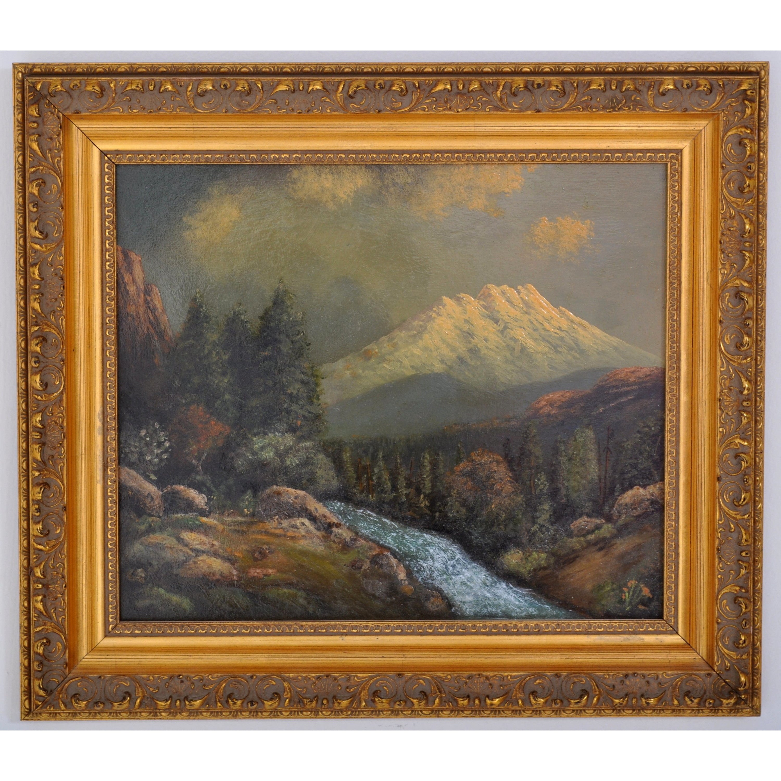 Antique Oil on Board Painting of Mount Shasta, California by