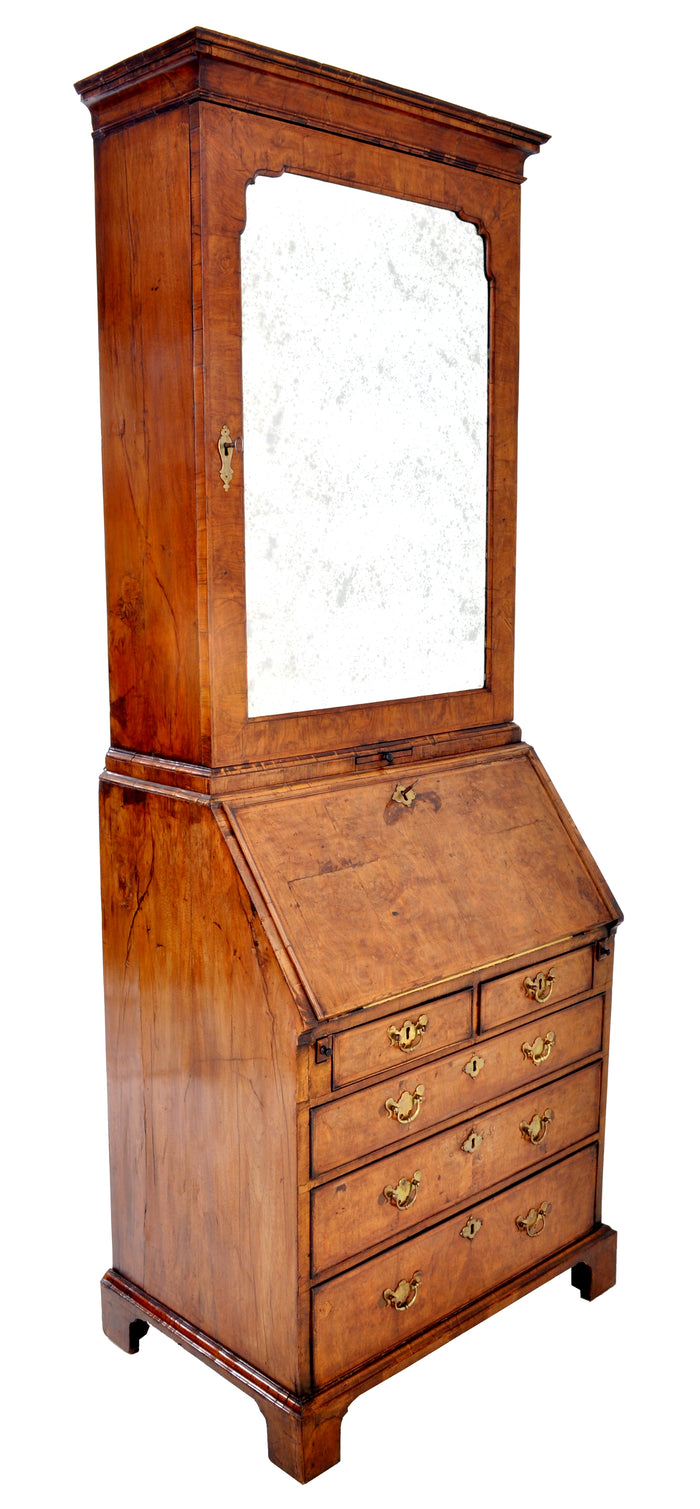 Antique Queen Anne Burl Walnut Bookcase / Bureau / Secretary Desk, Circa 1710