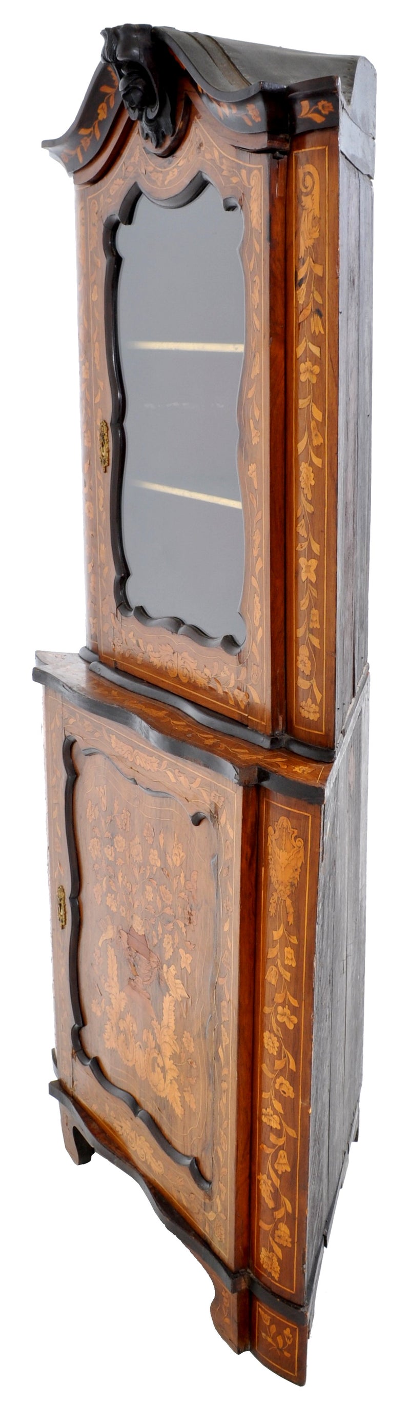 Antique Inlaid Marquetry Dutch Two-Piece Corner Cabinet, Circa 1830