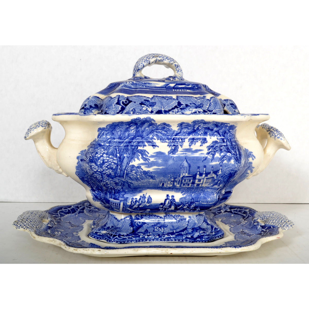 Antique English Mason's Ironstone Blue & White "Blue Vista" Porcelain Tureen/Serving Dish, Circa 1880