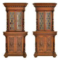 Pair of Antique French Renaissance Revival Carved Oak Stained Glass Corner Cabinets, circa 1880