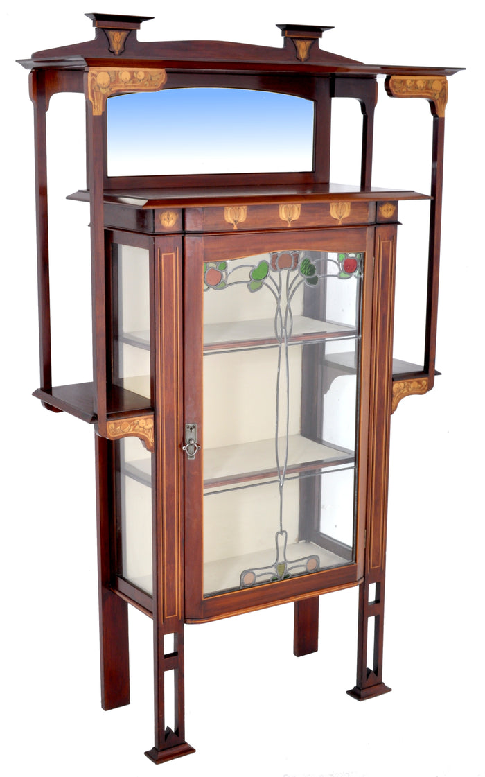 Antique Art Nouveau Inlaid Mahogany China Cabinet by Shapland & Petter for Liberty of London, Circa 1900