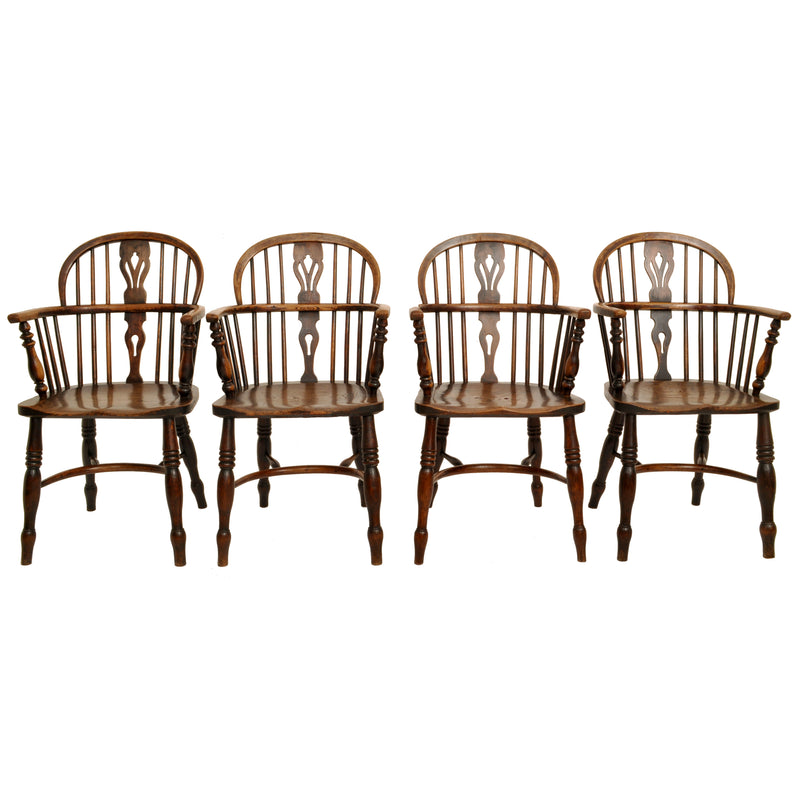 Set of 4 Antique 19th Century English Ash & Elm Low Hoop Back Windsor Chairs, circa 1840