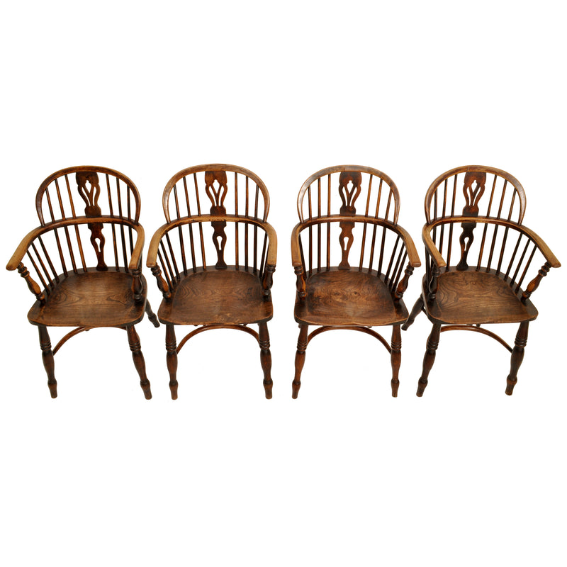 Set of 4 Antique 19th Century English Ash & Elm Low Hoop Back Windsor Chairs, circa 1840