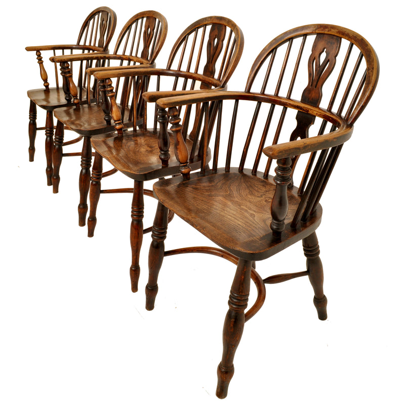 Set of 4 Antique 19th Century English Ash & Elm Low Hoop Back Windsor Chairs, circa 1840