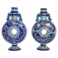 Pair Antique Indian Sindh Multan Islamic Caligraphy Pottery Moon Flasks 1850