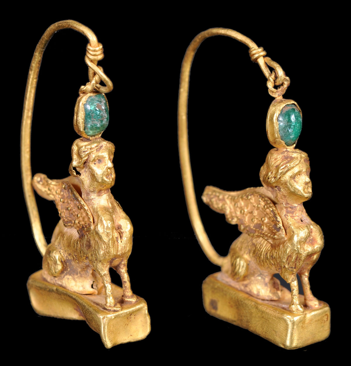 Pair of Ancient Greek Gold Sphinx Earrings, Helenistic Period, circa 3rd-2nd Century BCE
