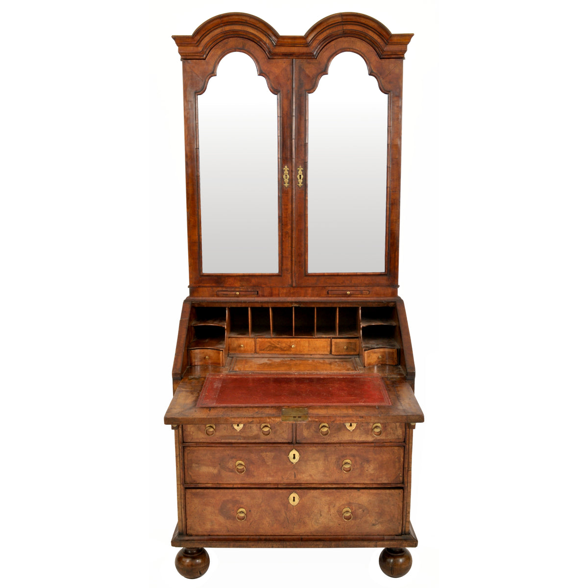 Antique Queen Anne Period Double Dome Burl Walnut Bureau / Bookcase / Secretary, circa 1710