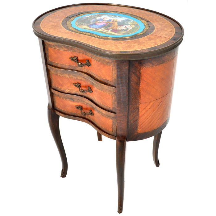 Antique French Kidney Shaped Inlaid Side Table / Cabinet / Chest with Sevres Plaque, circa 1890