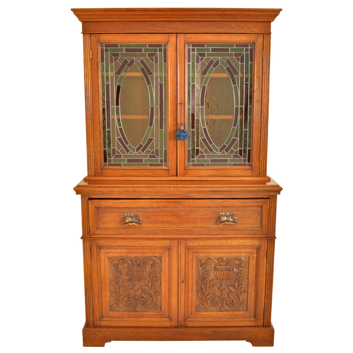 Antique Aesthetic Movement Carved Ash Leaded Glass Secretary Desk / Bookcase, circa 1890