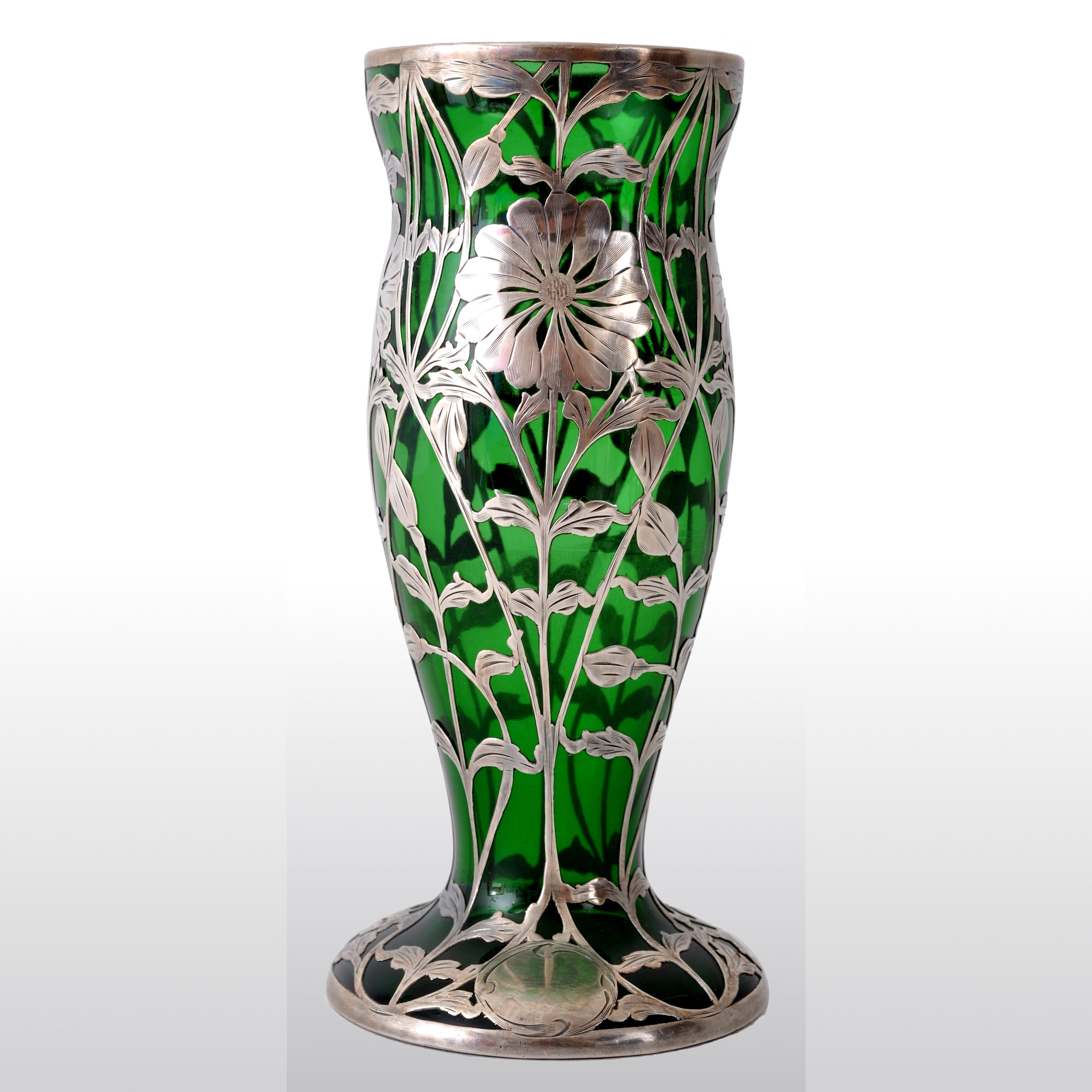 Antique Austrian Art Nouveau Loetz Silver Overlay Glass Vase