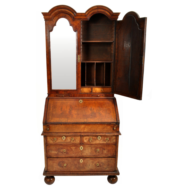 Antique Queen Anne Period Double Dome Burl Walnut Bureau / Bookcase / Secretary, circa 1710