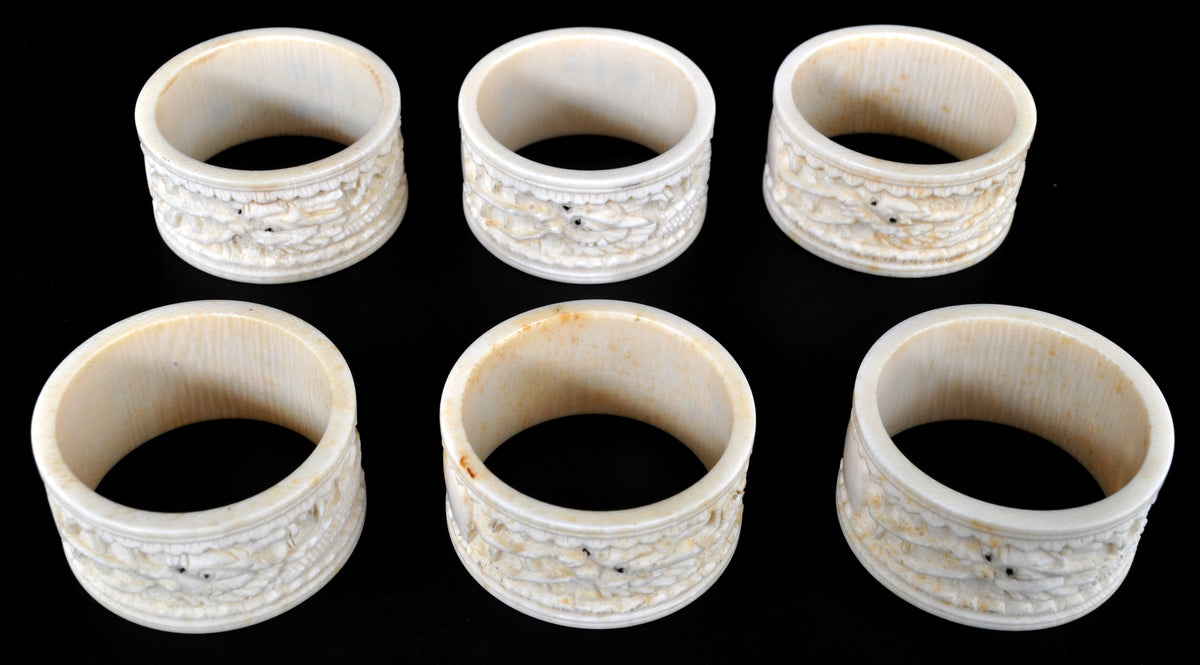 Set of Six Antique Chinese Cantonese Ivory Napkin Rings, Circa 1890