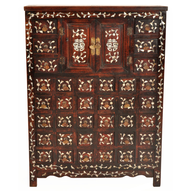 Antique Chinese Qing Dynasty Rosewood & Mother-of-Pearl Inlaid Apothecary Cabinet, circa 1850