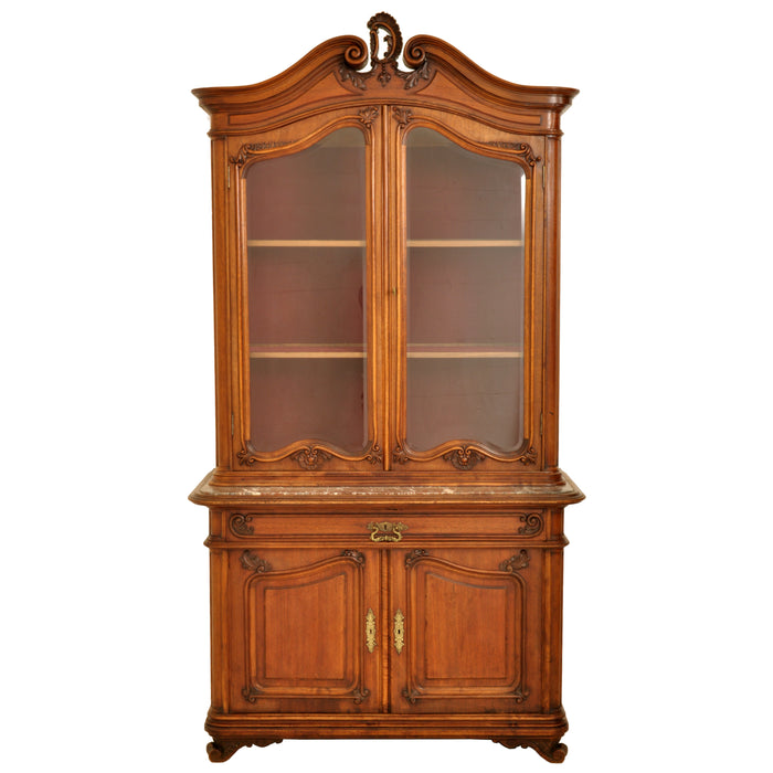 Antique French Carved Walnut & Marble Louis XV Buffet / Vitrine / Bookcase, circa 1880