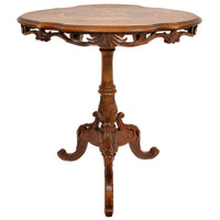 Antique Swiss Black Forest Carved Inlaid Walnut Marquetry Tilt-Top Table, circa 1870