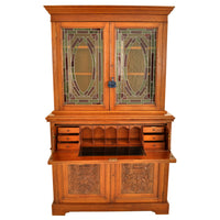 Antique Aesthetic Movement Carved Ash Leaded Glass Secretary Desk / Bookcase, circa 1890