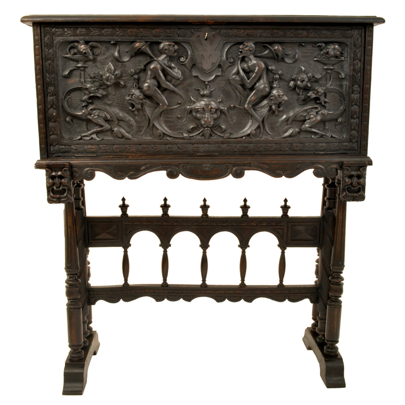 Antique 19th Century Spanish Baroque Carved Vargueno / Desk / Cabinet on Stand, circa 1880
