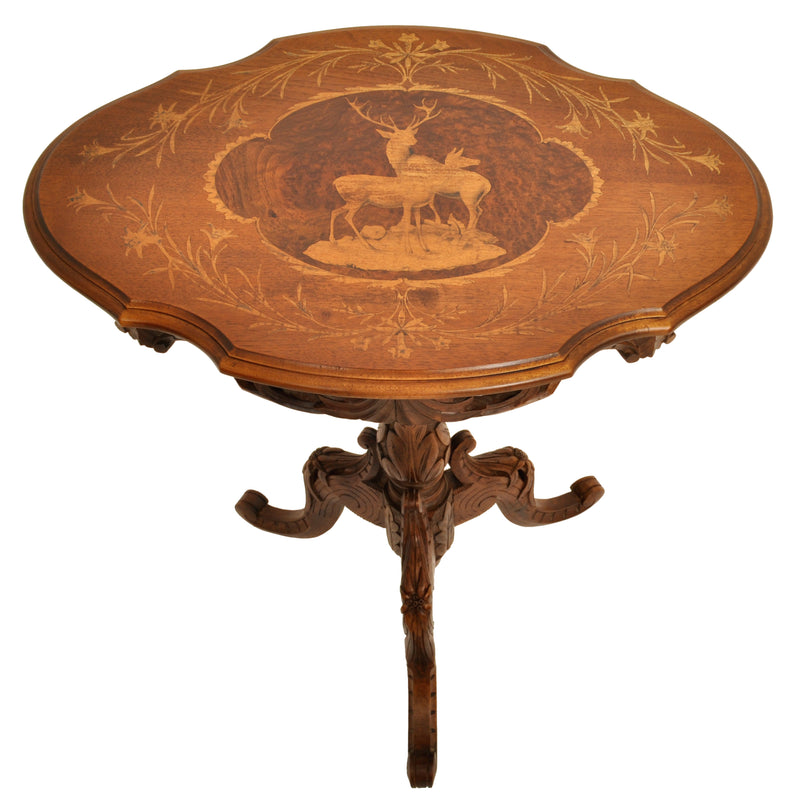 Antique Swiss Black Forest Carved Inlaid Walnut Marquetry Tilt-Top Table, circa 1870