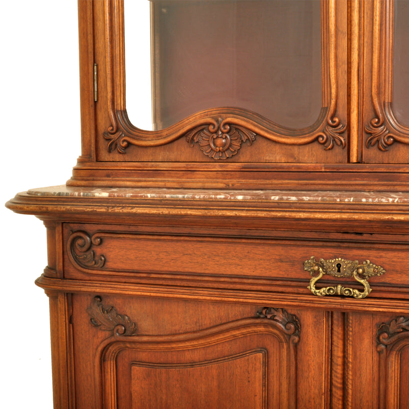 Antique French Carved Walnut & Marble Louis XV Buffet / Vitrine / Bookcase, circa 1880