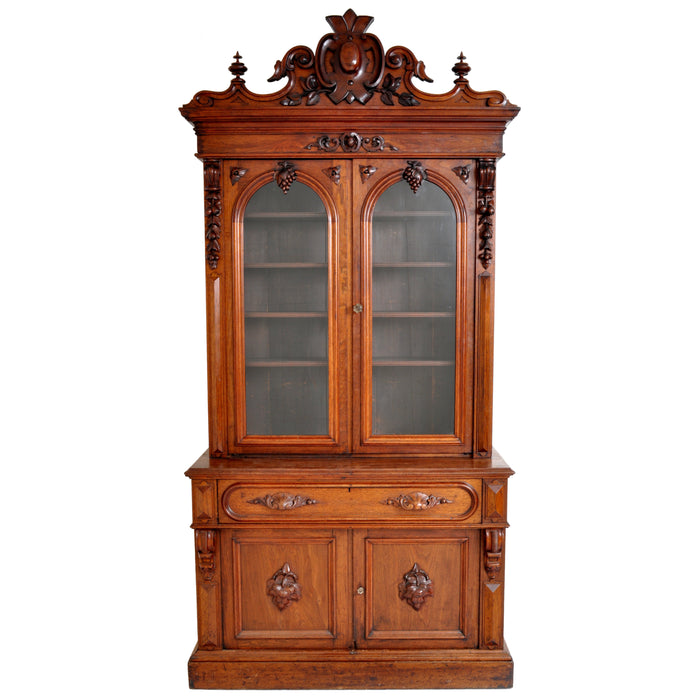 Antique American Renaissance Revival Carved Walnut Secretary Desk Bookcase, circa 1870