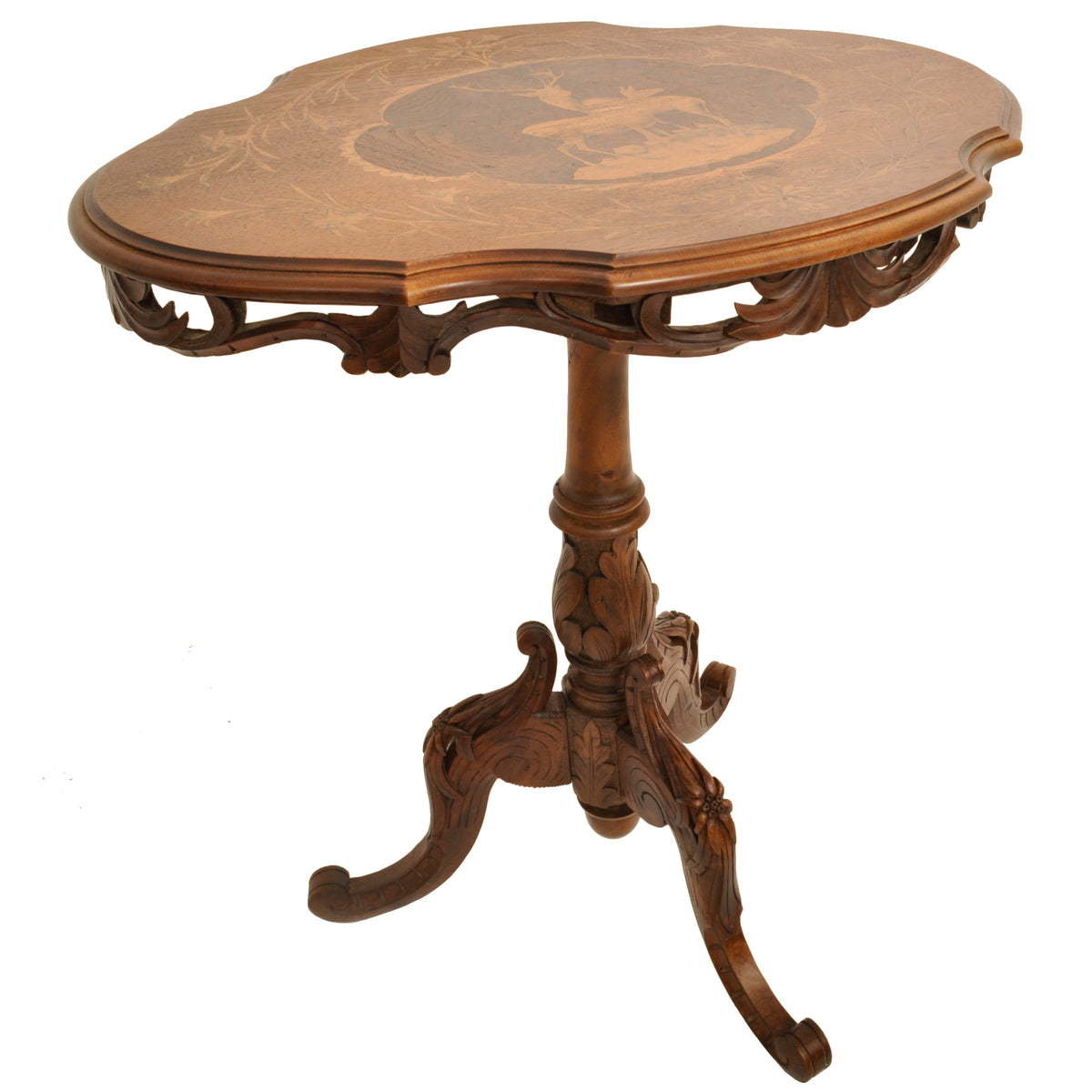 Antique Swiss Black Forest Carved Inlaid Walnut Marquetry Tilt-Top Table, circa 1870