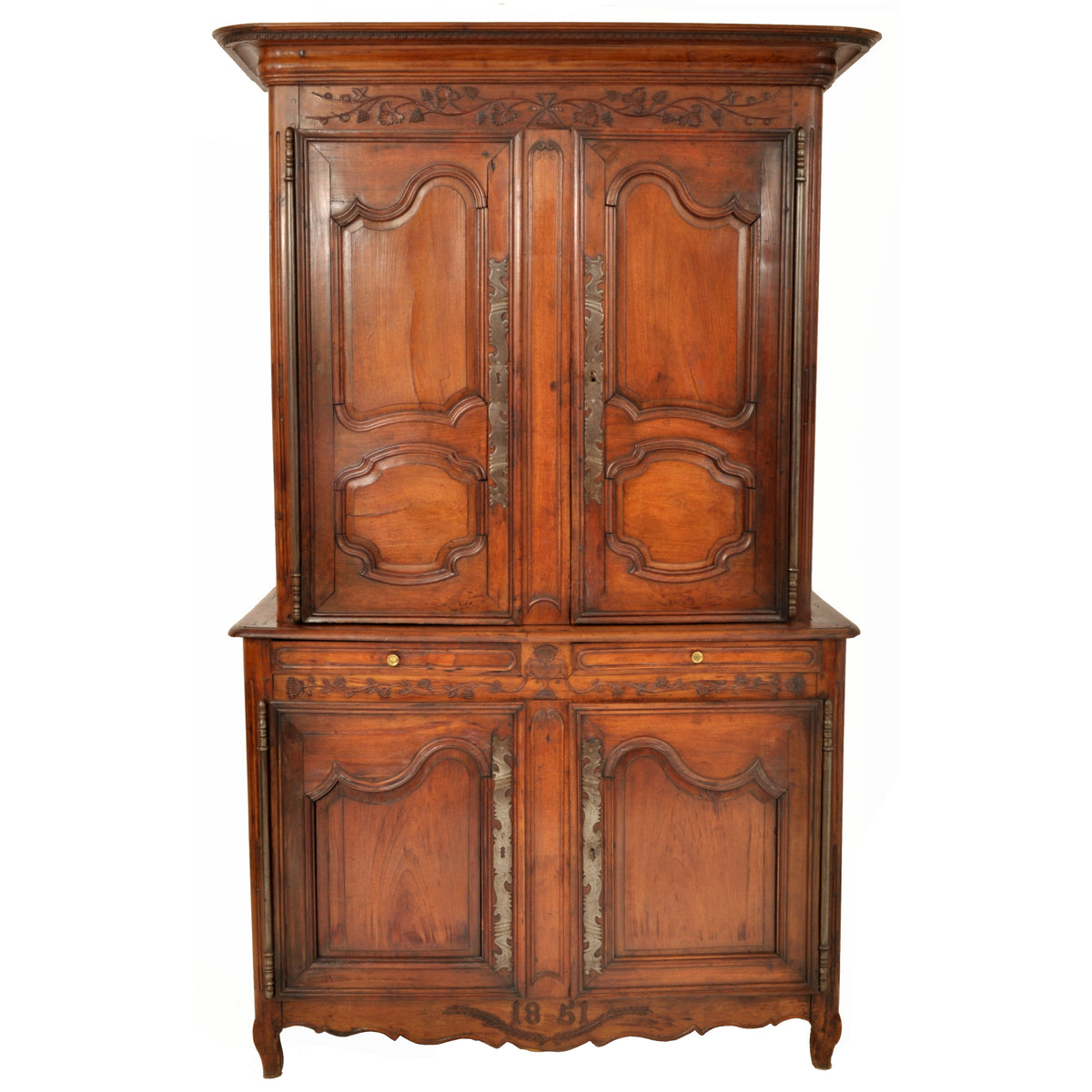 Antique 19th Century French Provincial Fruitwood Buffet a' Deux Corps Dated 1851