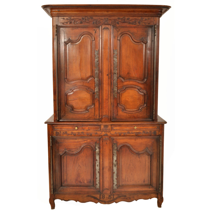 Antique 19th Century French Provincial Fruitwood Buffet a' Deux Corps Dated 1851