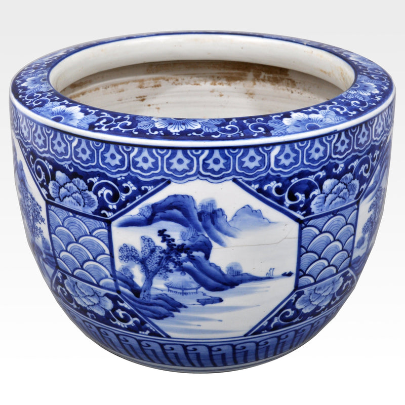 Antique Japanese Meiji Period Blue and White Pottery Hibachi, Circa 1880