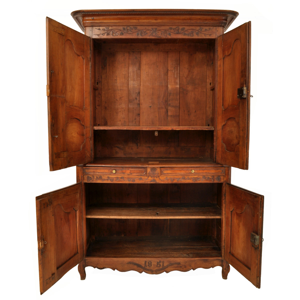 Antique 19th Century French Provincial Fruitwood Buffet a' Deux Corps Dated 1851