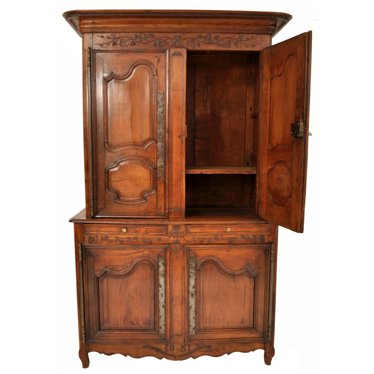 Antique 19th Century French Provincial Fruitwood Buffet a' Deux Corps Dated 1851