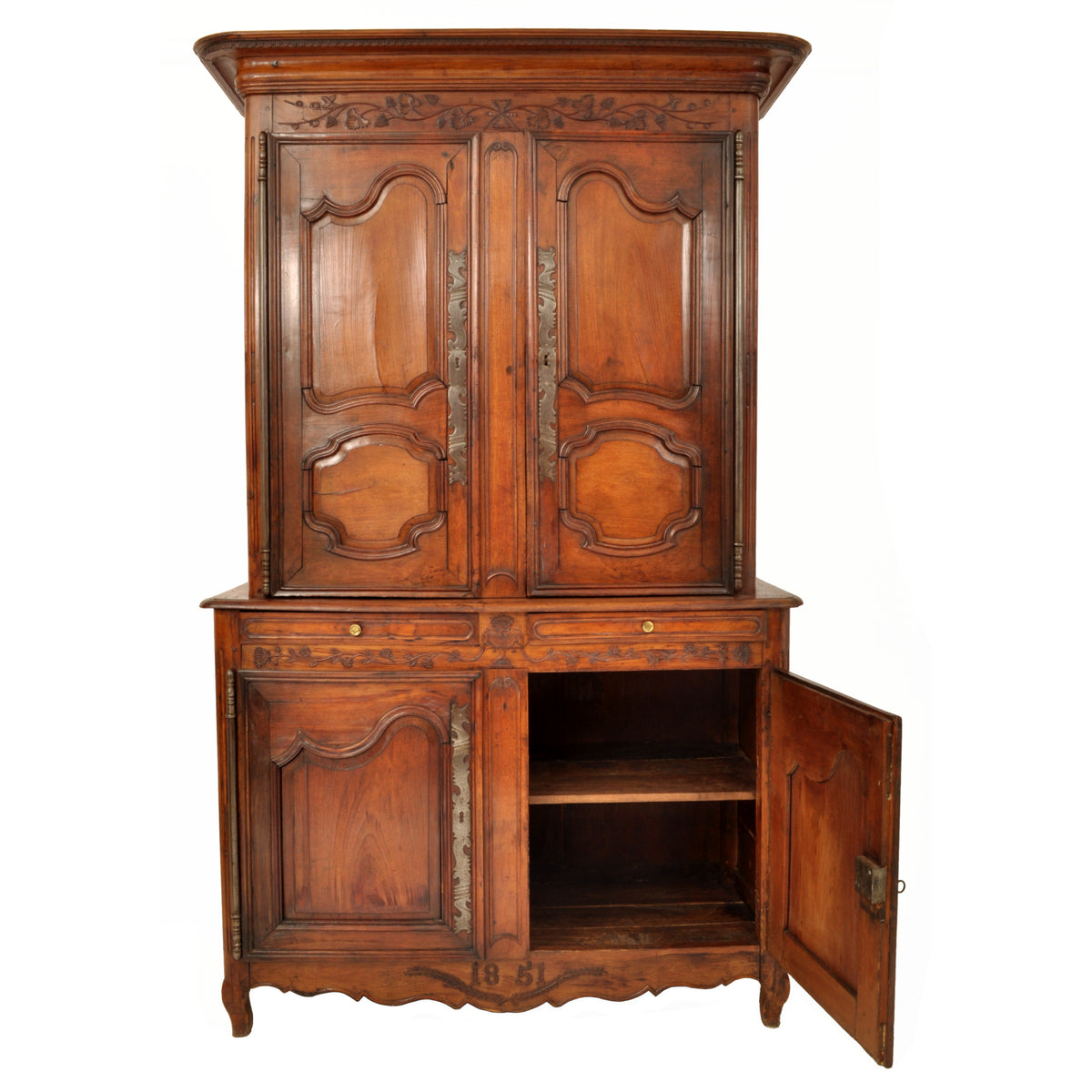 Antique 19th Century French Provincial Fruitwood Buffet a' Deux Corps Dated 1851