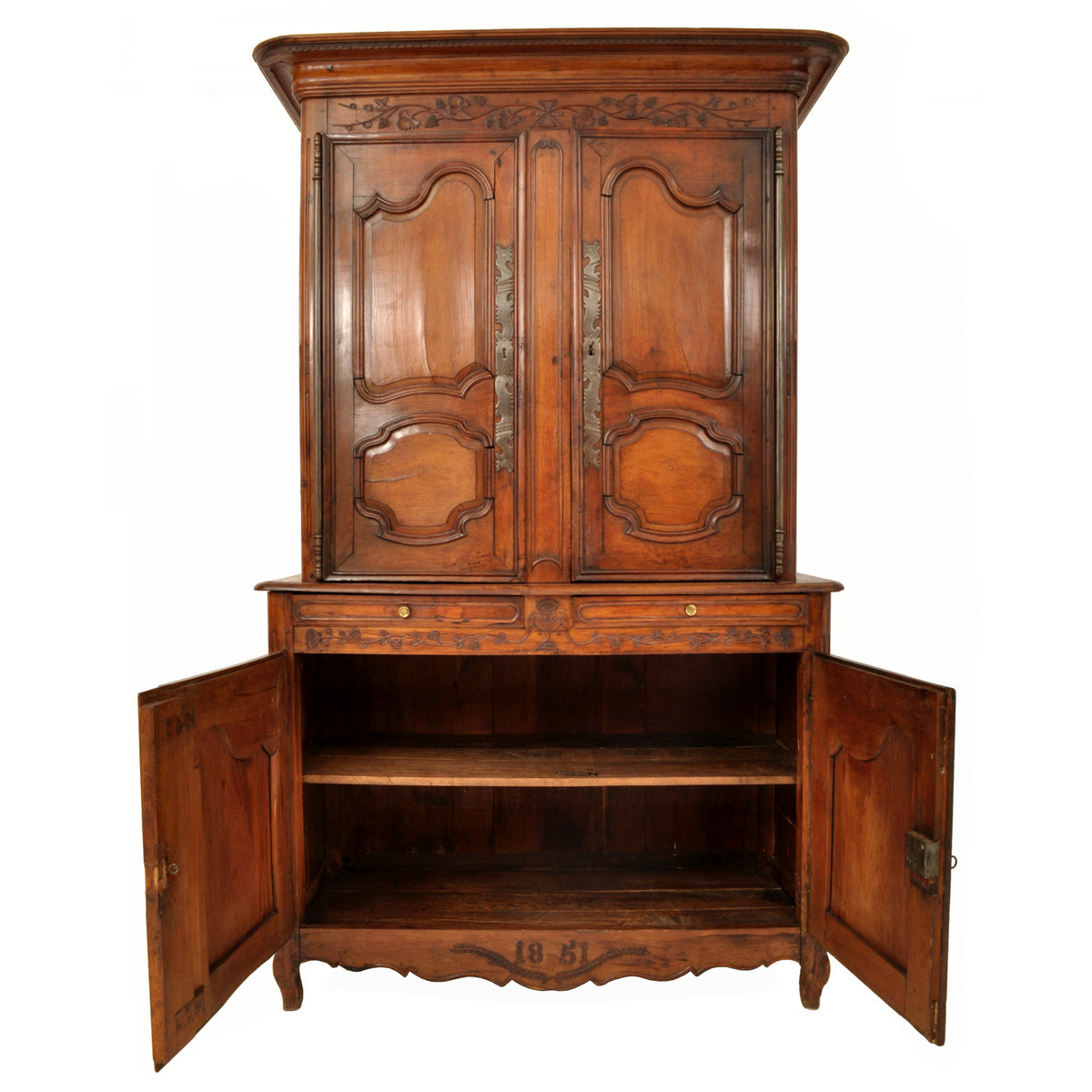 Antique 19th Century French Provincial Fruitwood Buffet a' Deux Corps Dated 1851