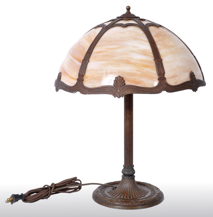 Antique American Art Nouveau Slag Glass and Bronze Table Lamp by Bradley & Hubbard, circa 1915